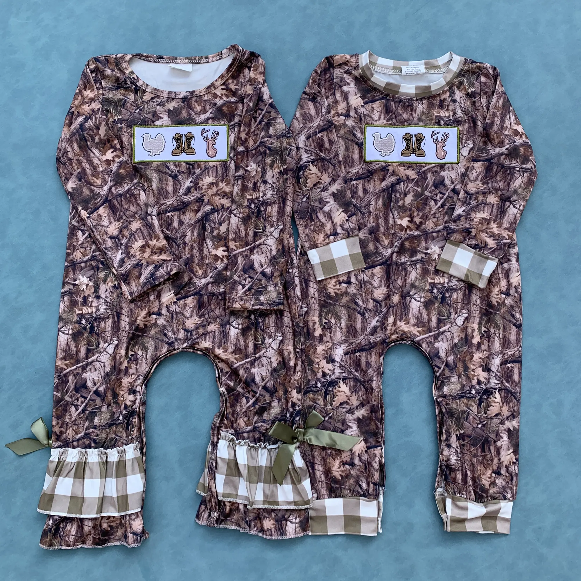 Sister Brother Gone Hunting Deer Turkey Camouflage Baby Kids Romper