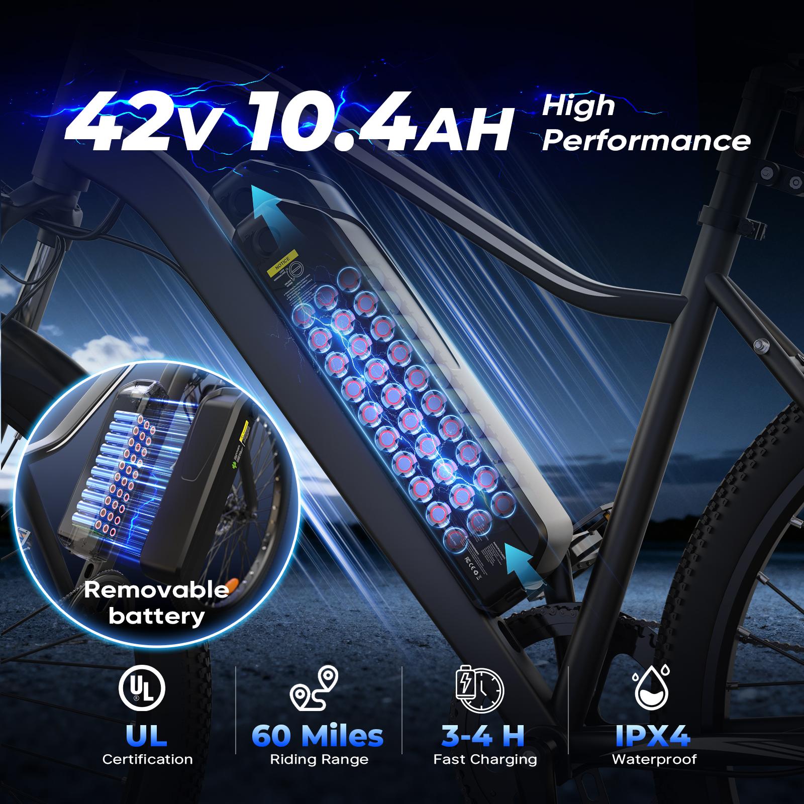 Adult Electric Bicycle 750W | 60 Miles Long Range, Removable Battery, 5 Speed, Shock Absorber