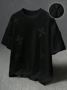 Men‘s Gothic Street Style Tee Featuring “X” Logo and Textured Cross Patterns Embroidery, Black Casual Top for Daily Urban Wear and Edgy Outfits