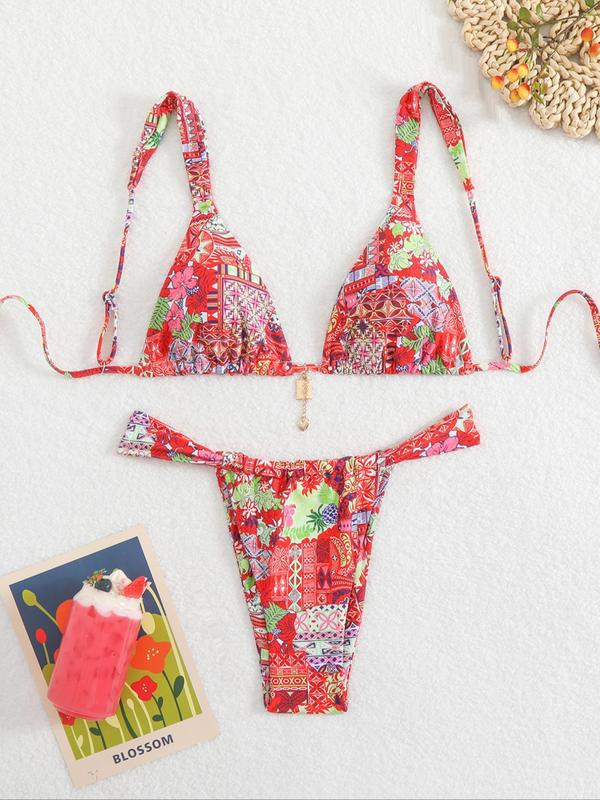 Women's Floral Bikini Set, Sexy Triangle Two-Piece Swimsuit, Sleeveless Party Style, All-Season Wear, Tie Back Design