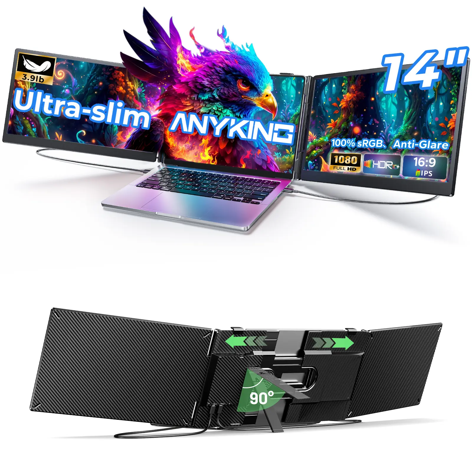 AnyKing Laptop Screen Extender, Triple Screen Laptop Monitor Extender for 13”-17.3” Laptop, 14” 1080P FHD IPS Portable Monitor with 100% sRGB, Plug & Play Monitor Extension for Business Travel,Coding & Gaming