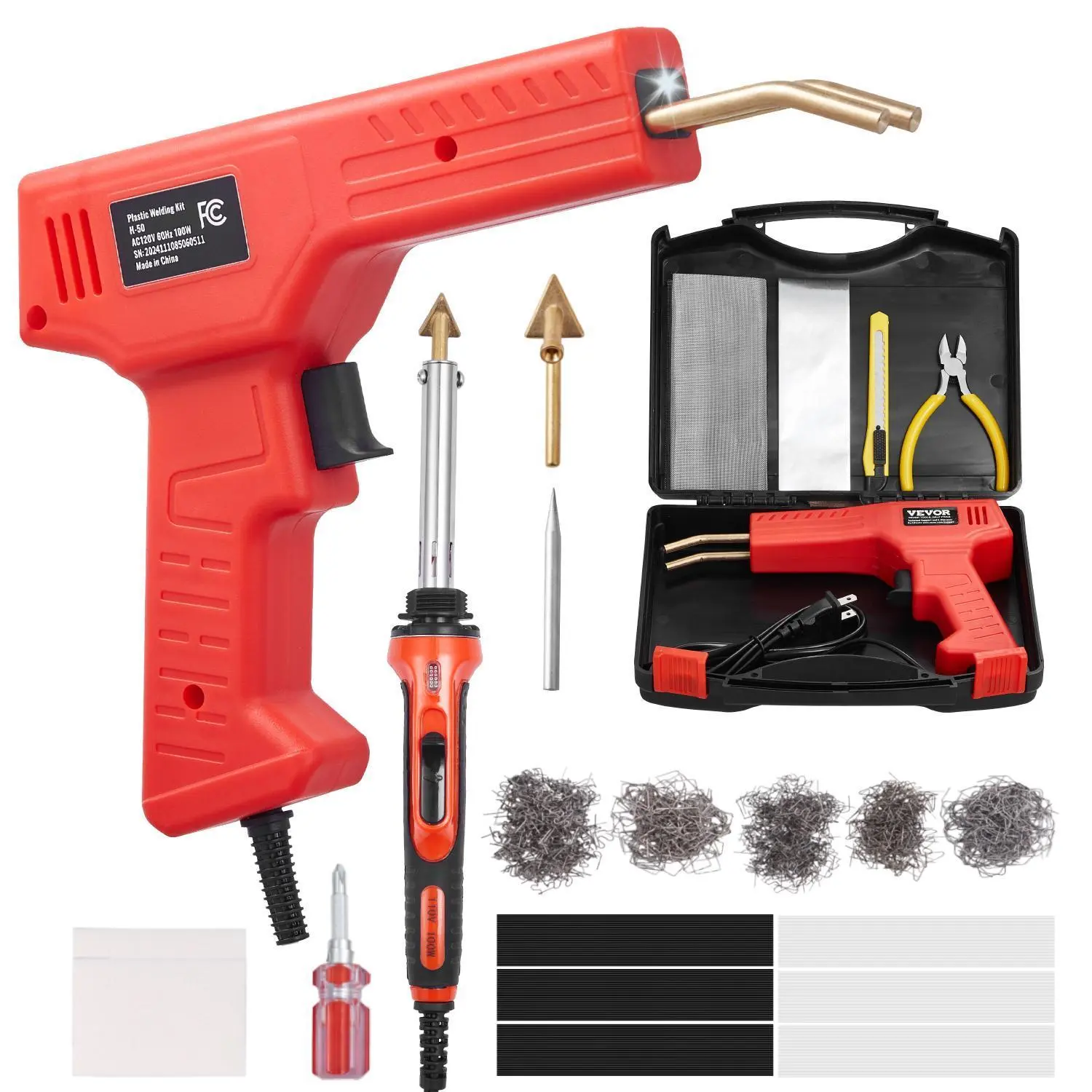 VEVOR Deluxe Plastic Welder 2-Tool Repair Set, 2-in-1 Setup (100W Welding Gun + 60W/100W Soldering Iron) with 1000 Hot Staples, 60 Rods, Rings for Car, Motorcycle, PP Plastics Repairs