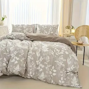 Three-Piece Floral Print Bedroom Bedding Set, Includes 1 Fitted Sheet and 2 Pillowcases, Ultra-Soft Polyester, Zipper Closure, All-Year Use