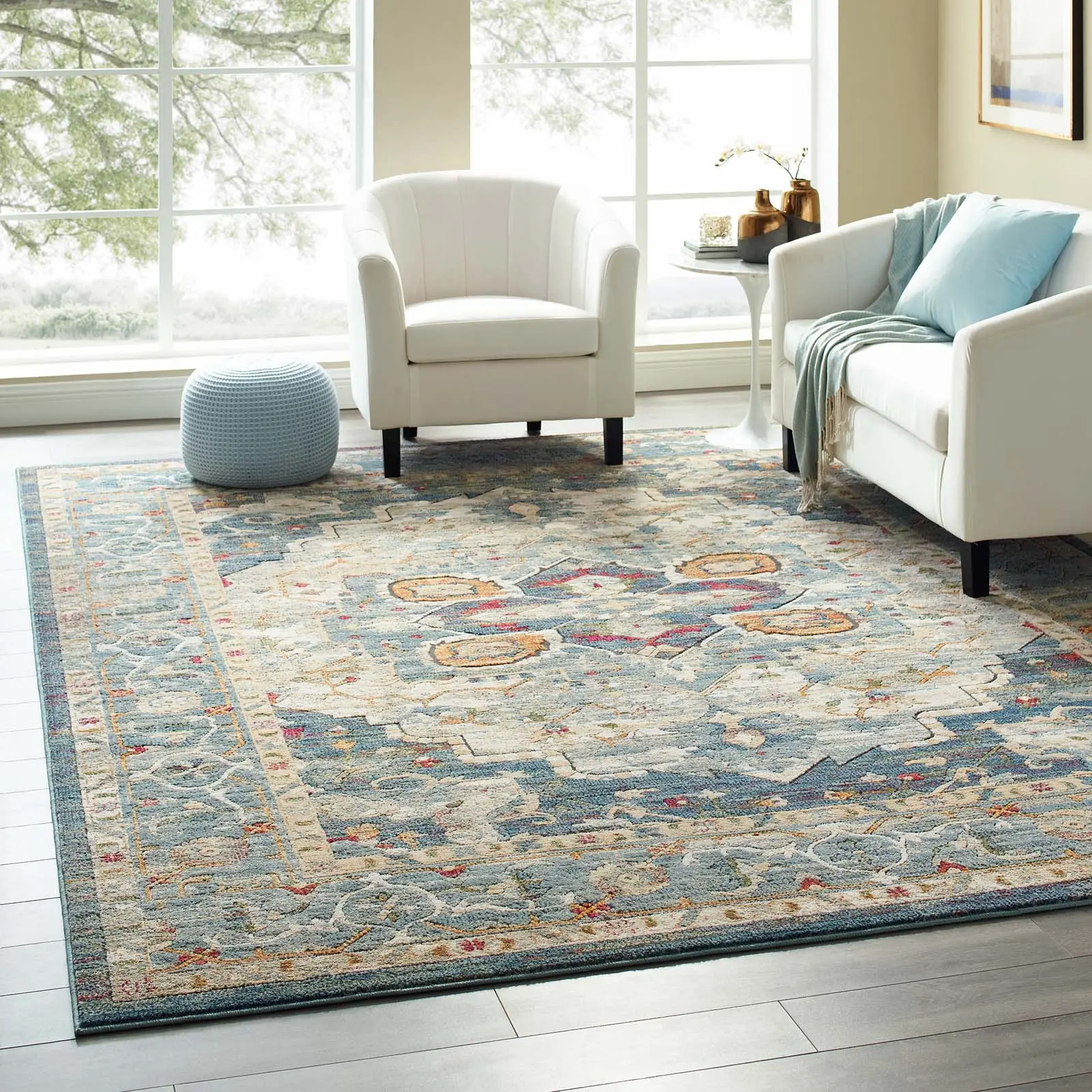 Modway Tribute Diantha Distressed Vintage Floral-Medallion 8x10 Indoor Area Rug, Multicolor Floral Home Decor Entryway Rug, Floral Area Rugs