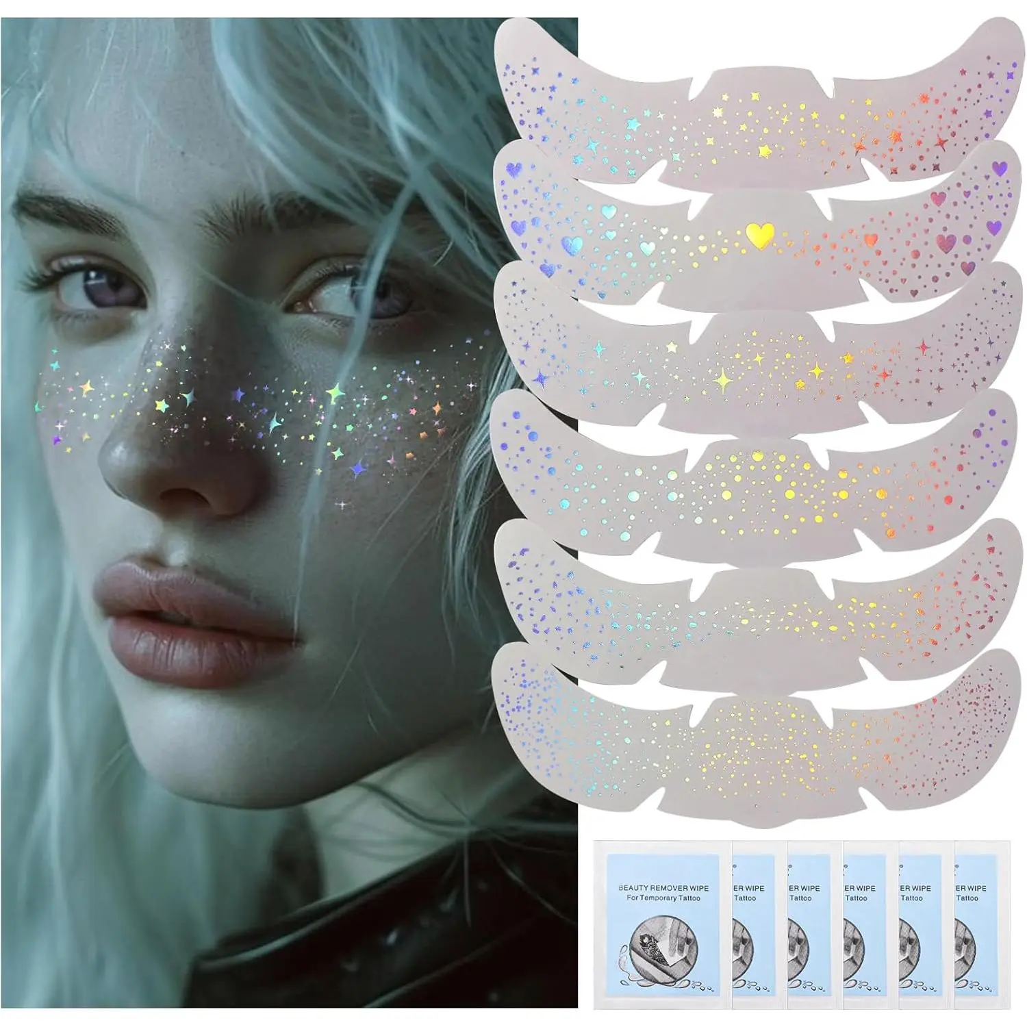 Holographic Multichrome Glitter Freckles Face Tattoo, Waterproof Sparkle Face Glitter Speckles Patches for Women, Cute Glitter Temporary Tattoo Makeup Accessories for Festival Rave