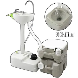 5Upgraded 5 Gallon Portable Toilet System with Integrated Hand Wash Station, Compact Toilet Tank Unit for Home & RV Use