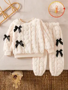 Aesthetic Soft Girl Style New Arrival Luxurious Cuddle-WorthySweetheart Kids’ Fuzzy Loungewear Pis Cream Color EmbossedHeart Pattern Black Bows Long Sleeve Top & Pants ComfyHome Outfit Toddler Girl Sleepwear Autumn Winter Essential