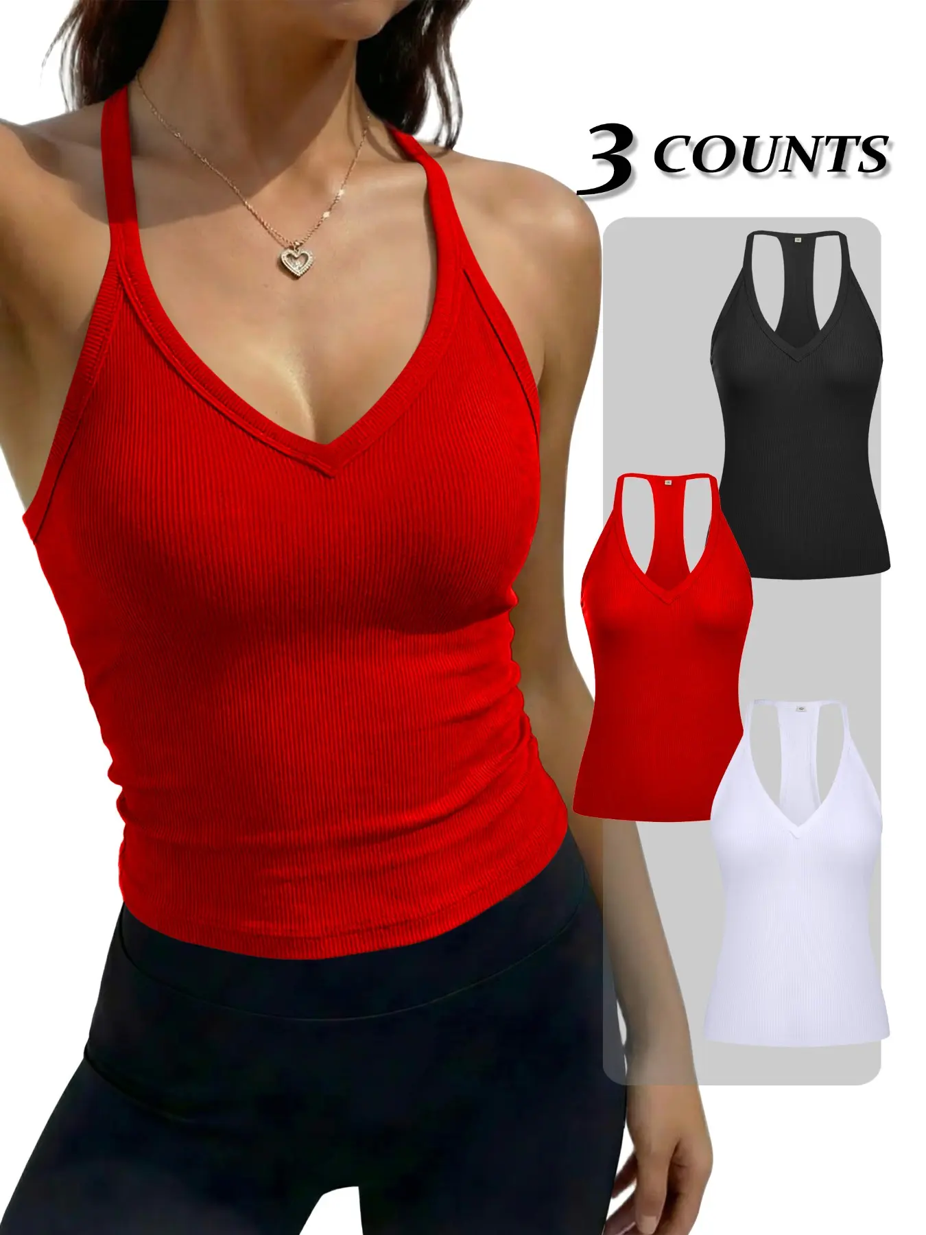 Women's Solid Backless Racerback Tank Top, Casual Summer Sleeveless Fitted Backless Deep V Neck Cami Spaghetti Strap Top for Daily Wear, Ladies Clothes for All Seasons, Cute Tops, Backless Knit Cami