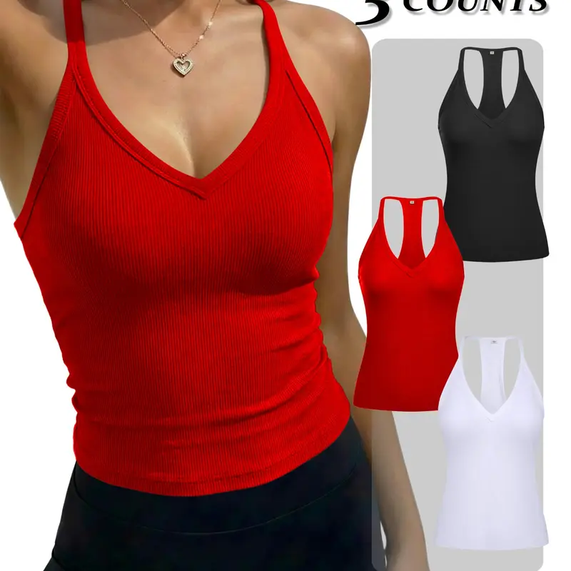 Women's Solid Backless Racerback Tank Top Fitted Backless Deep V Neck Cami Spaghetti Strap Top for Daily Wear, Ladies Clothes for All Seasons, Cute Tops, Summer Tops Trendy, Backless Knit Cami