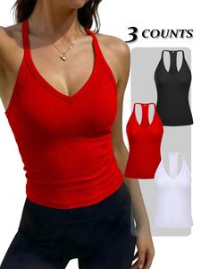 women's solid backless racerback tank top, casual sleeveless deep v neck top for daily wear, ladies clothes for all seasons, cute tops