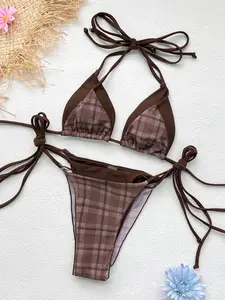 2026 New Women’s Low-Waist Tie Bikini Two-Piece Set, Fashionable Sexy Plaid Patchwork Separate Swimsuit Set, Casual Vacation Beach Wear/Swimwear for Hot Springs