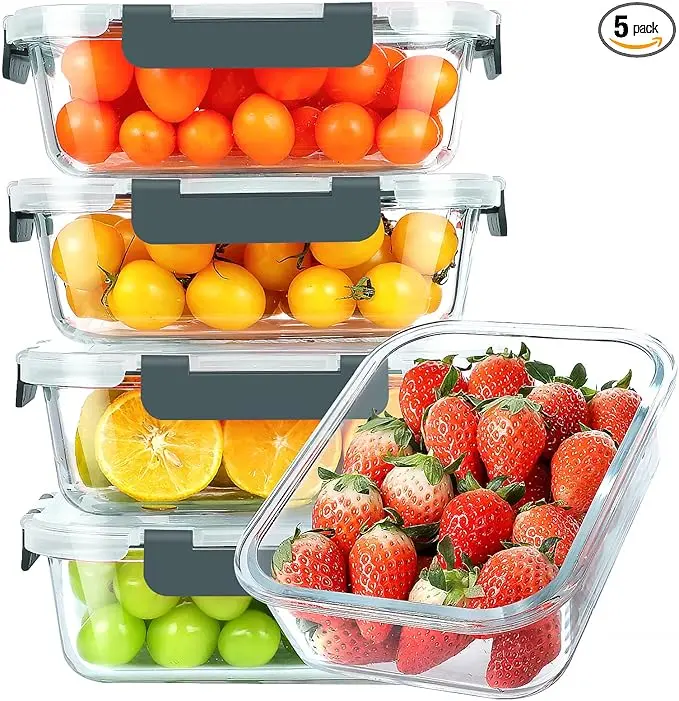 30 oz 5 Pack Glass Meal Prep Containers, Glass Storage Containers with Lids - Dishwahser, Microwave, Oven and Freezer Safe Kitchen Utensils Reusable Stackable