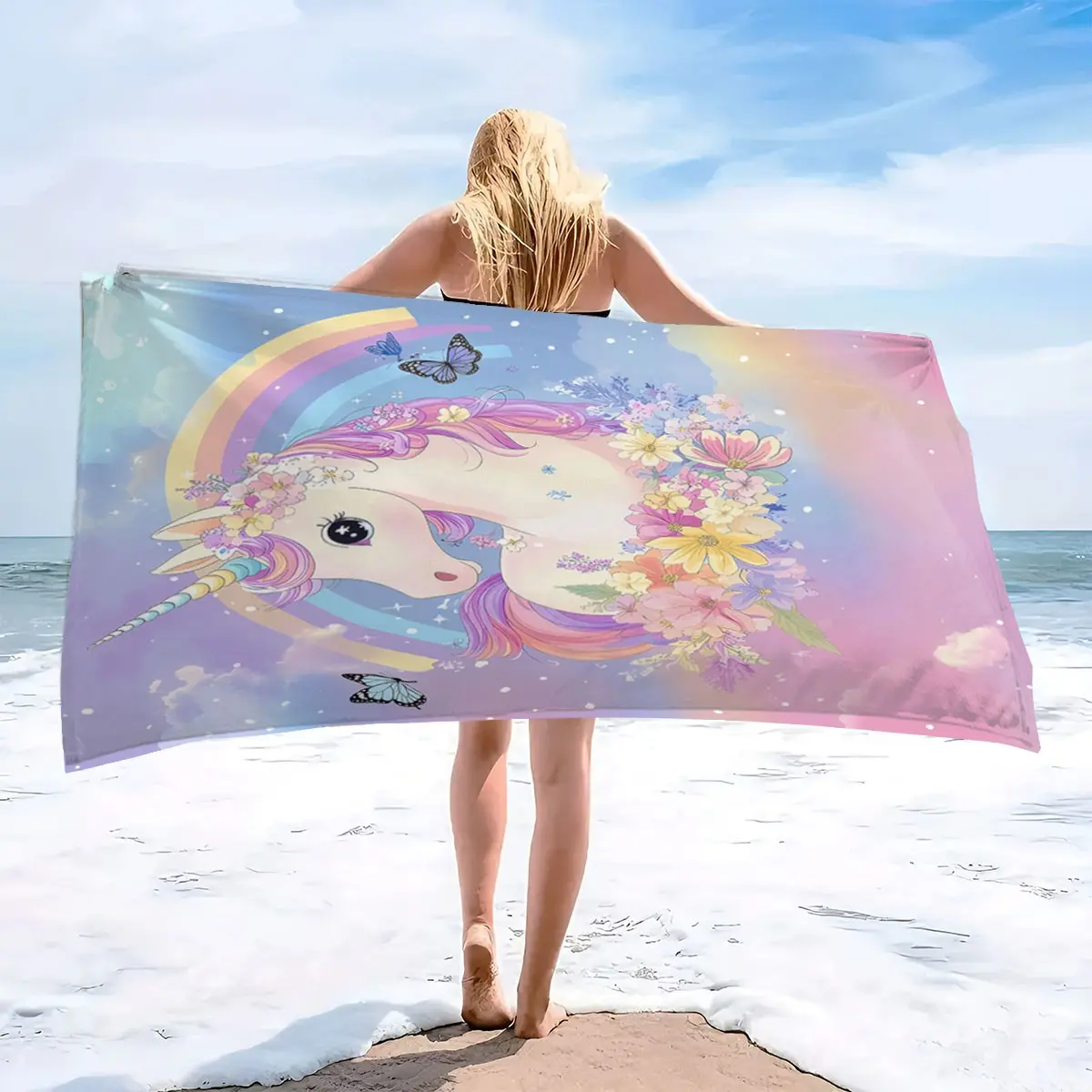 Dreamy Rainbow Unicorn Print Beach Towel, Skin-Friendly, Absorbent, Quick-Dry, Perfect for Beach, Pool, Summer Outings, Home Use