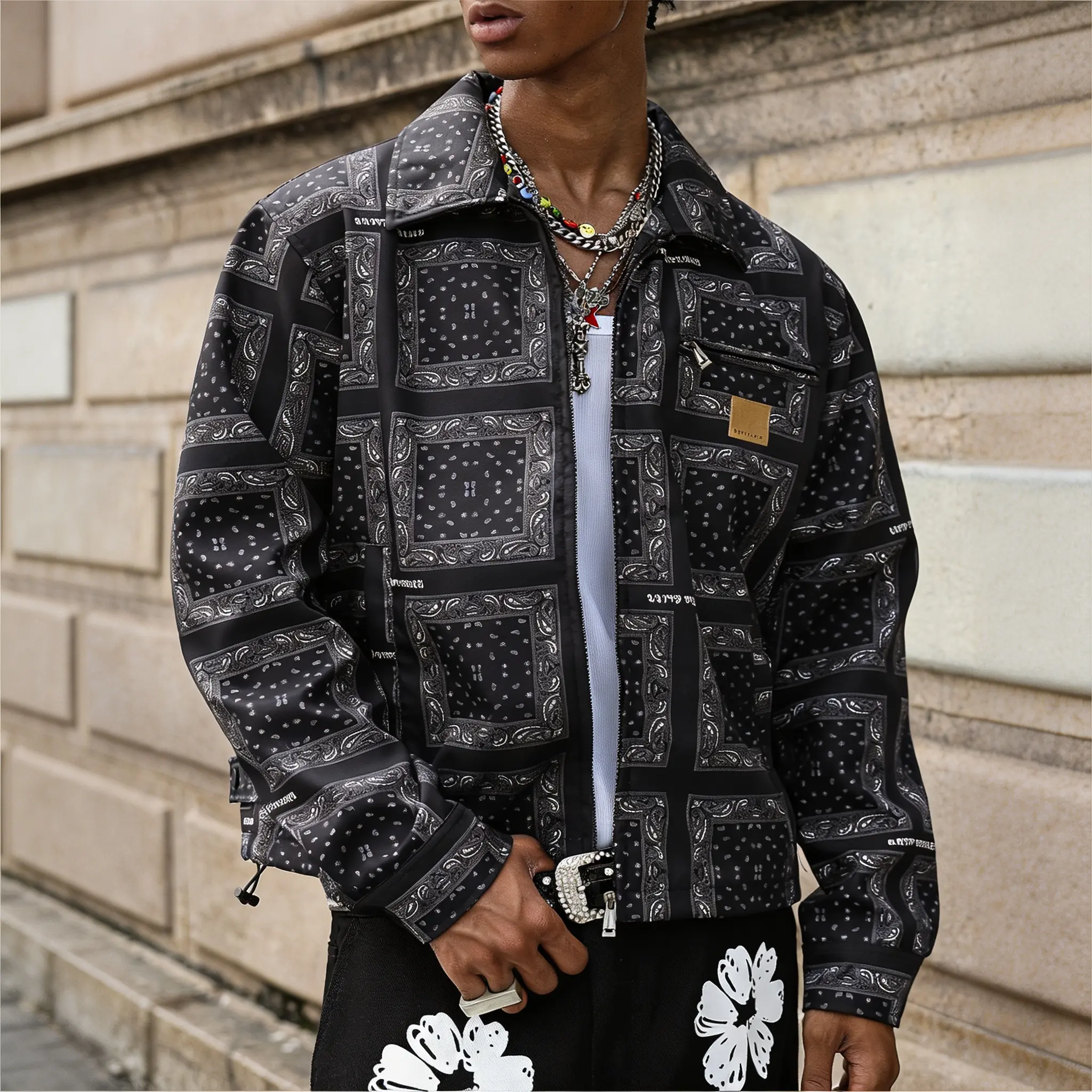 Men’s zip-up collared streetwear jacket, black bandana paisley all-over print casual lightweight outerwear, vintage hip hop loose-fit long-sleeve coat