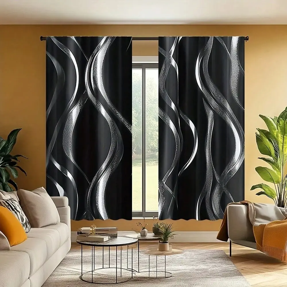 2-piece set of digital printed wave patterned curtains, Window curtain, made of semi transparent polyester material, suitable for bedrooms, living rooms, offices, kitchens, Home Decoration Curtain, Home Decorative Curtain