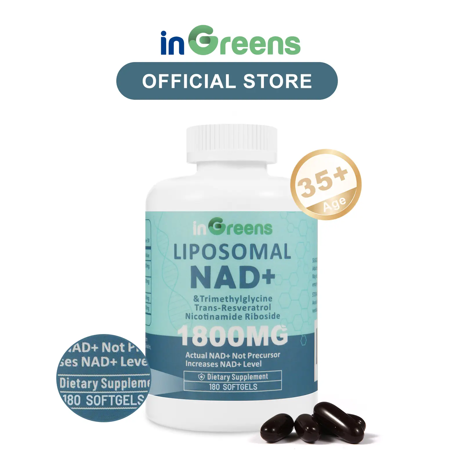 inGreens 1 Cup 180 Softgels NAD+ Supplement 1800 mg with Nicotinamide Riboside 2...