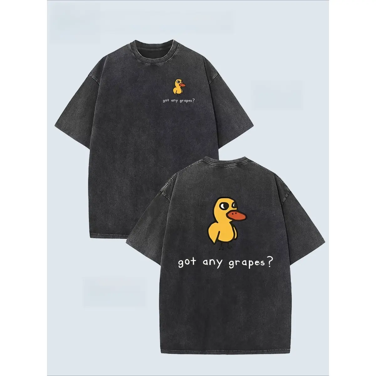 Men's Retro Heavy Washed T-shirt with Fun "Eat Grapes?" Duck Pattern and Back Print - Soft and Breathable Loose Street Style Casual Shirt, Suitable for Daily Wear (brown, Machine Washable)