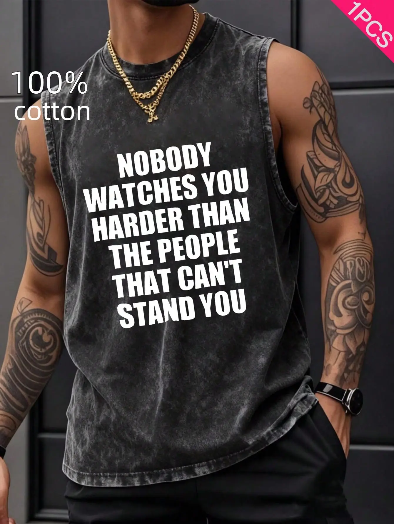 Men's 210g Pure Cotton Vintage Washed Vest - Funny "Nobody Watches You Harder Than The People That Can't Stand You" Print, Loose Fit, Casual Street-Hip Hop Style, Must-Have Tank Top for Going Out, Menswear Activewear (Shorts, Hoodie Compatible Vibes)