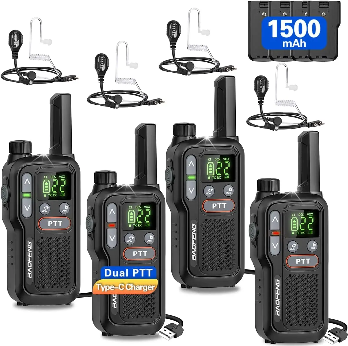 4PCS BAOFENG Rechargeable Mini Walkie Talkie Type-C Charging Upgrade 888s Lightweight with Earpieces VOX Flashlight Handheld Two Way Radio for Kids Adults Family Outdoor Camping Hiking
