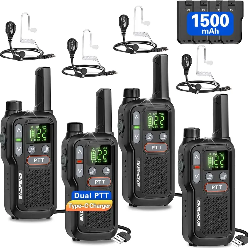 BAOFENG Mini Handheld 2-Way Radios 4 Pack, Rechargeable Upgrade 888s Walkie Talkies, Type-C Charging, VOX Flashlight and Earpieces for Family Outdoor Camping Hiking