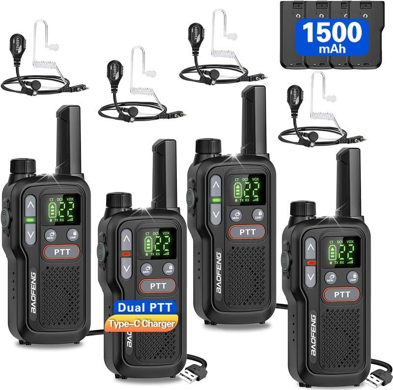 4PCS BAOFENG USB Rechargeable Long Range Mini Walkie Talkie Type-C Charging Upgrade 888s Lightweight with Earpieces VOX LCD Display Flashlight NOAA Weather Receive Handheld Two Way Radio for Kids Adults Family Outdoor Sports Camping Hiking