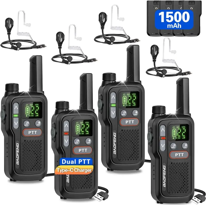 4PCS BAOFENG USB Rechargeable Long Range Mini Walkie Talkie Type-C Charging Upgrade 888s Lightweight with Earpieces VOX LCD Display Flashlight NOAA Weather Receive Handheld Two Way Radio for Kids Adults Family Outdoor Sports Camping Hiking