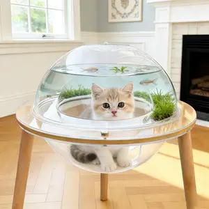 Eyisean 23.6" Acrylic Large Round Transparent Cat Cave, 2-in-1 Space-Saving Kitty Bed Fish Tank with Plywood Base, Heavy-Duty 360° Immersive Pet House, Indoor Cat Enrichment Furniture for Living Room