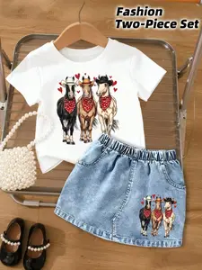Girls' Summer Short Sleeve Tee & Denim Skirt Set, Happy Valentine's Day Horse Letter Pattern, Casual Loose Fit, All Seasons