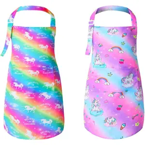 X-CPA28   2 Pack Kids Apron Rainbow Unicorn Aprons With Pockets for Girls Boys Toddler Apron for Painting Cooking Baking