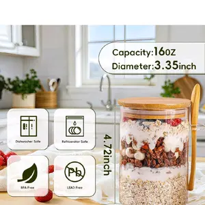 4PCS Glass Food Dispenser With Lid And Spoon, Overnight Oatmeal Jar With Spoon, Chia Seed Pudding Salad Glass Jar, Bamboo Lid Cereal Coffee Flour Bread Starter Storage Jar