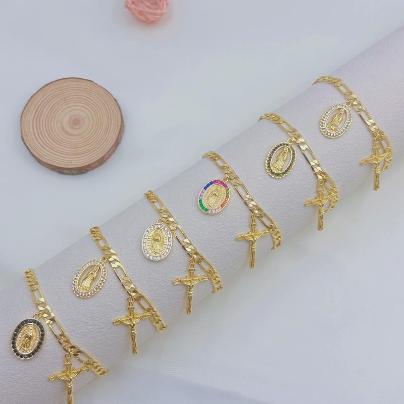 Female 14K Gold Coated Vintage Virgin Mary Cross Bracelet - Retro Catholiccore Religious Jewelry, Copper-Plated Tarnish-Resistant Old Money Style, Golden Tone Virgin Mary and Cross Motif Bangles, Crucifix Motif Bracelets & Bangles, Epiphany Gift Accessory