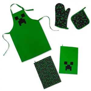 Minecraft Green Creeper Kitchen Set | Apron, Oven Mitt, Dish Towels, Pot Holder