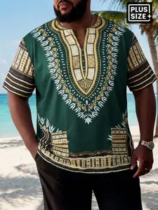 Large Size Men's Ethnic Summer Shirt, Soft Lightweight Fabric, Loose Fit, Geometric Floral Pattern, Casual Long Sleeve T-Shirt