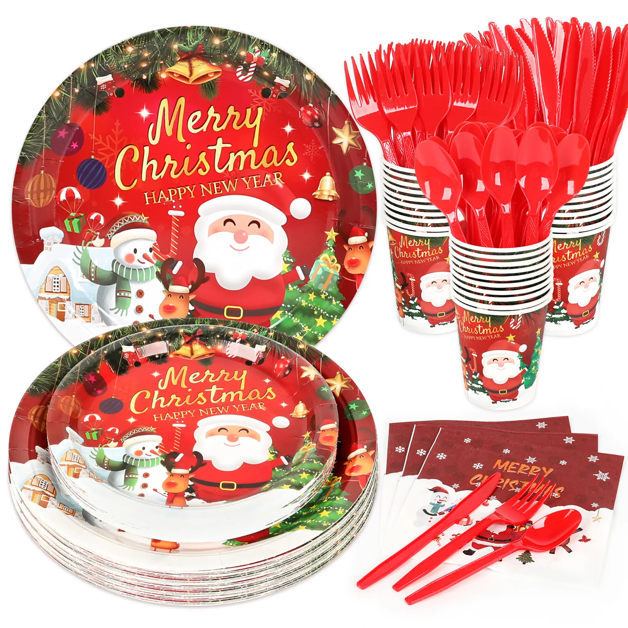 175-Piece Disposable Christmas Party Tableware Set (Part 3) - 9in & 7in Paper Plates& Cups, Napkins, Cutlery for 25 Guests, No Cleanup, Festive Home Decor for Christmas, New Year's Eve Gatherings