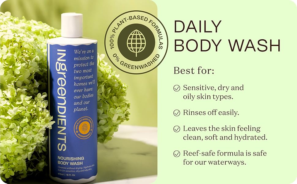 Ingreendients Body Wash – 100% Plant-Based, Organic Aloe Vera & Shea Butter, Sulfate-Free, Vegan, Moisturizing Cleanser for Dry and Sensitive Skin