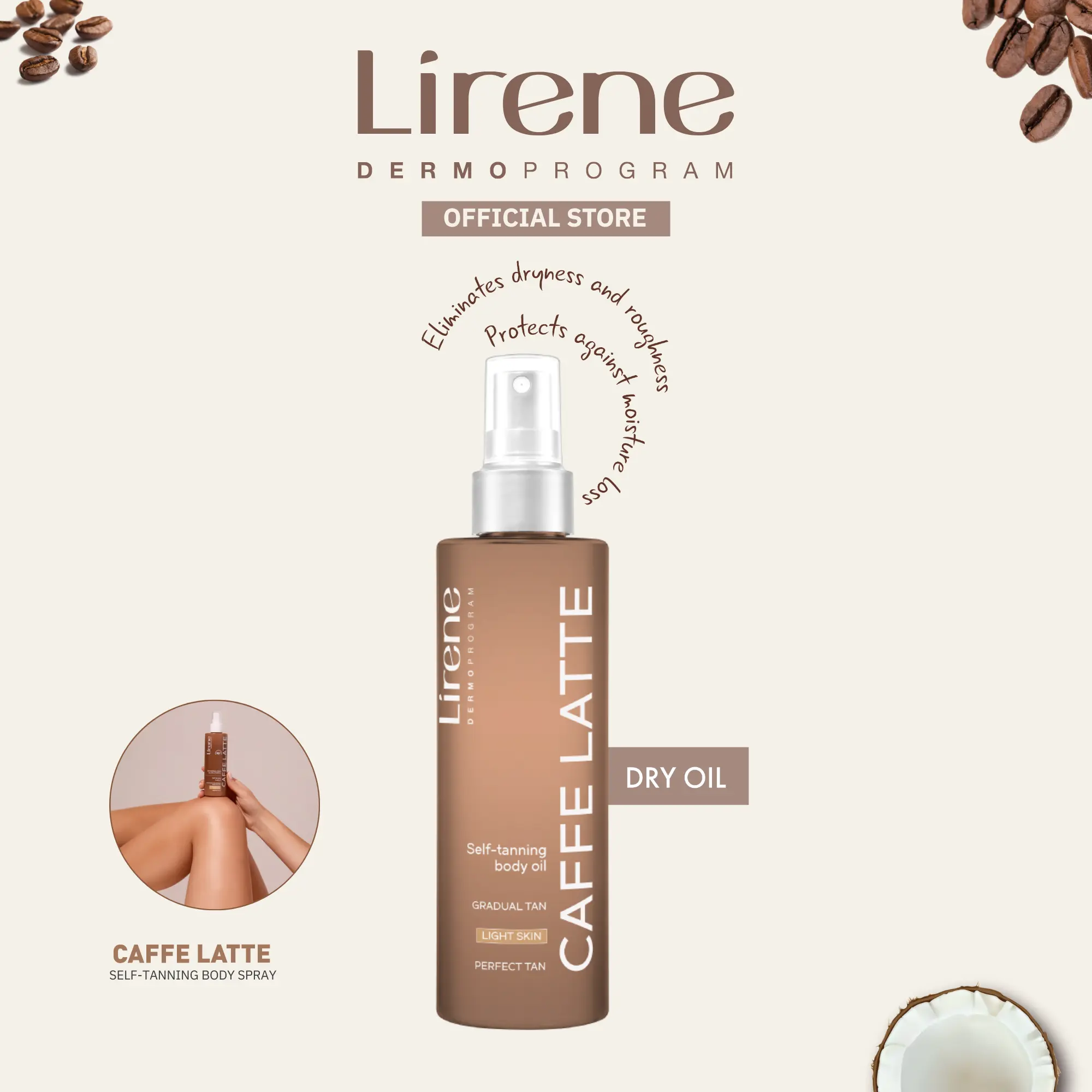 Lirene Perfect Tan Self-Tanning Caffe Latte — Hydrating Gradual Tan, Satin Finish, Dry Touch Formula, Golden Tan Lasts up to 6 Days, Vegan, 200ml