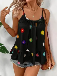 Women's Floral Print Sleeveless Tank Top with Middle Eastern Style Design, Loose Fit Casual to Formal Wear, All over Pattern, Minimalist Style