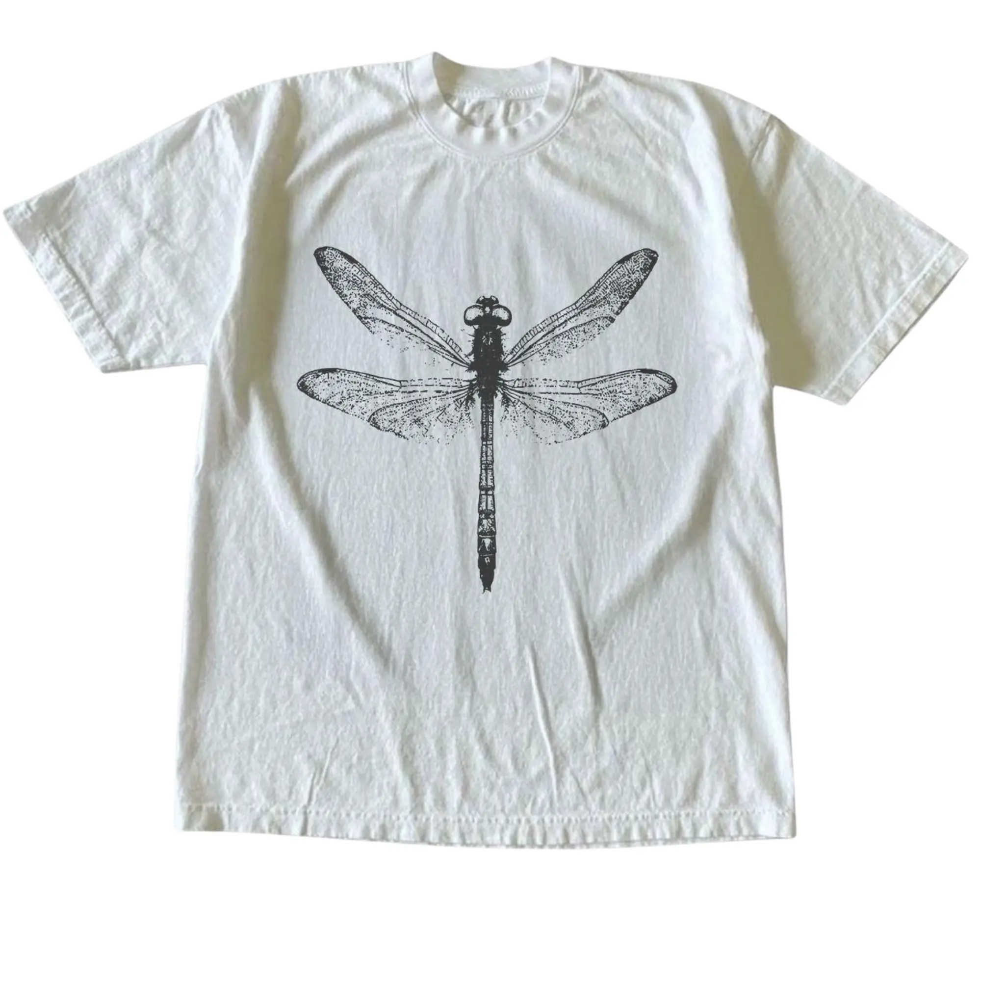 Vintage Dragonfly Insect Detailed Fine Line Graphic T-Shirt, Cottagecore Distressed Entomologist Pencil Sketch Illustration Art Print, Unisex White Heavyweight Streetwear Tee, Goth Outfit