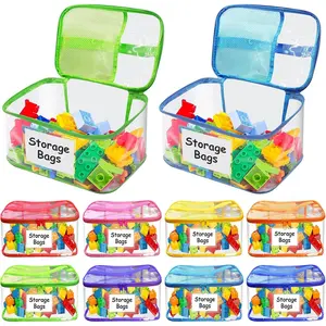 8 Pack Large Clear Toy Storage Bags with Zipper, 9.4 * 6.7 * 5.1 in Waterproof PVC Organizer Bags for Board Games, Puzzles & Home Organization, Includes Name Tag