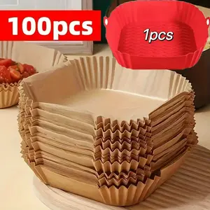 100pcs air fryer special padding paper, non stick baking paper, suitable for ovens, barbecues, and microwaves, easy to clean, single-layer paper helps you cook healthily baking, frying paper Free 1 piece of square/round silicone fryer Color options avail