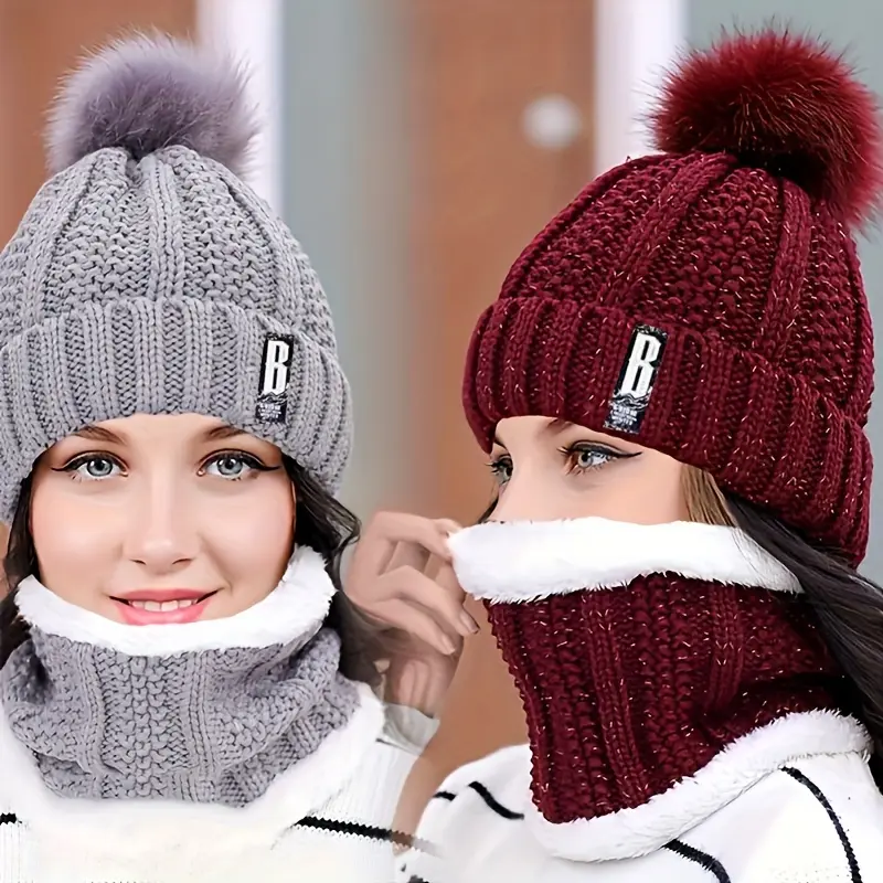 2-piece set thickened plush windproof and warm casual hat with scarf