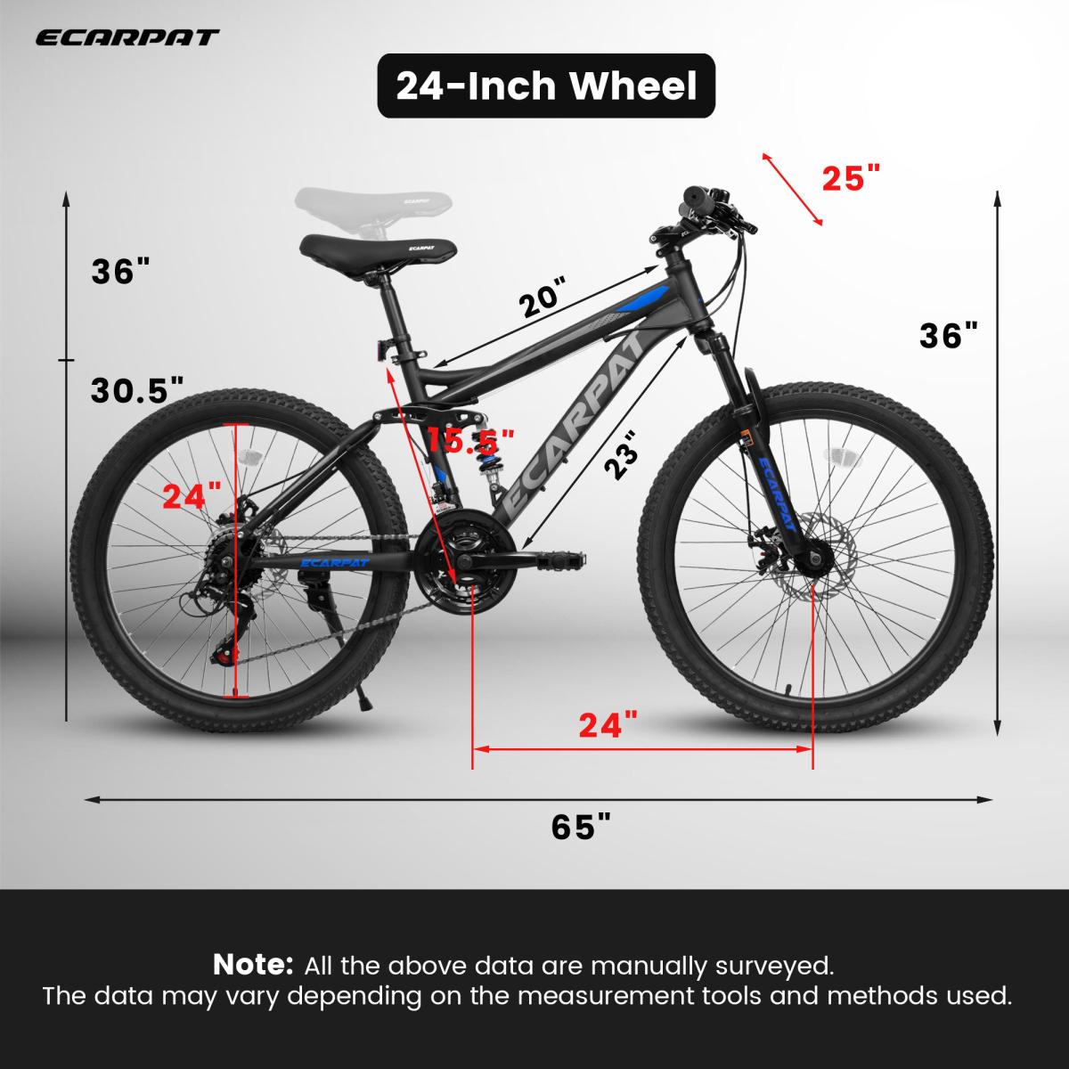 Elon 24 Inch Mountain Bike Full Suspension 21 Speed MTB Bicycle with Gear Indicator Shifter High Carbon Steel Frame Mechanical Disc Brakes Unisex Adult Bike for Men Women Trail Riding Outdoor Fitness Cycling