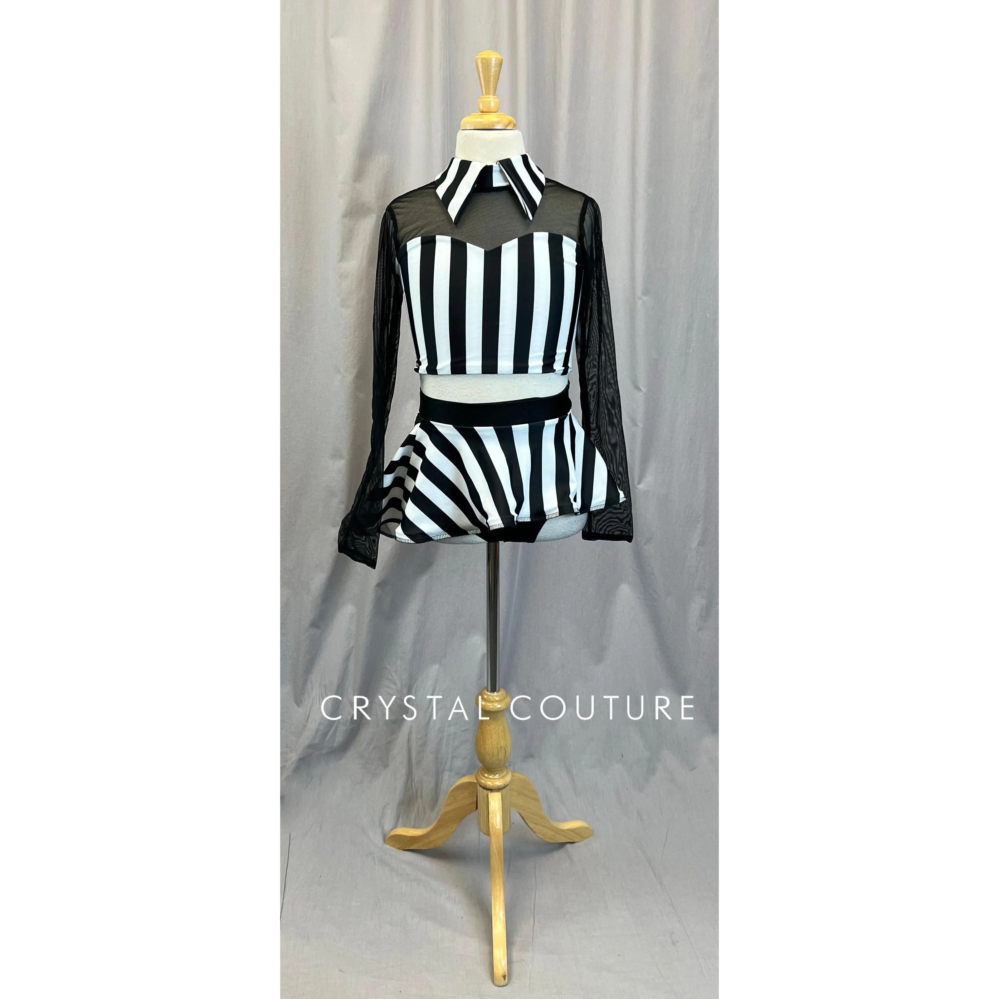 Black and White Striped Collared Top and Skirt Set