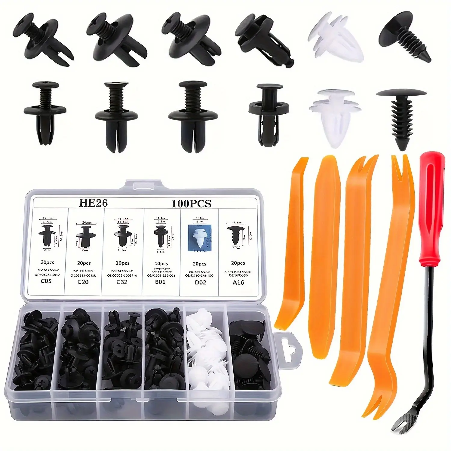 [Auto Fasteners Set] Set of 105 Auto Fasteners Including Removal Tools, Featuring Universal Nylon Plastic Rivets And Clips for Door Panels And Vehicle Trim Repairs, an additional 30 accessories and tools are also included.