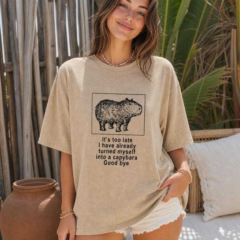 Capybara Escape Humor Graphic Tee for Women, Washed Cotton Oversized Animal Shirt S-5XL