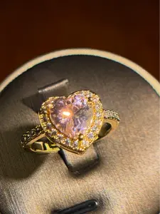 *SHINING HEART*(PINK)   Item#00000022 European 14K Gold Plated Halo Three-Prong Setting Heart-Cut Large Pink Cubic Zirconia Adjustable Fashion Ring (Center Stone 2.5 Carat, Ring Size 6.5 and Up)