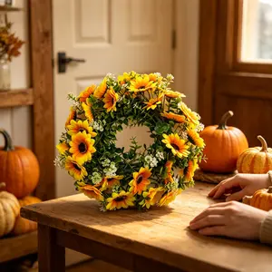 Spring Wreaths for Front Door Outside – 14.17" Artificial Sunflower Spring Wreath with Green Eucalyptus Leaves and Welcome Sign - Indoor Outdoor Farmhouse Home Porch Wall Decor, Artificial Flowers, front door wreath