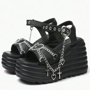 EROCALLI Women's Platform Gothic Sandals Open Toe Punk Goth Metal Buckle Summer Wedge Sandals Gothic Black Spider Buckle Punk Heart Chain Buckle Comfort Square Toe High Slope Heel Y2k Punk Alternative Girl