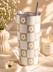 20oz Retro Checkerboard Daisy Tumbler Full Set with Reusable Straw and Cleaning Brush