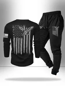 2 Counts Vintage American Graphic Streetwear Tracksuit, Long-Sleeve Shirt & Sweatpants Set with Detailed Prints, Retro Fashion Outfit for Men Who Love American Heritage Style and Appreciate Intricate Design Details